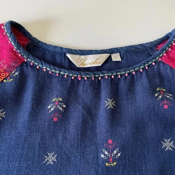 Tavisha Women’s Boho Top Medium Crop Blue/Fuschia Beaded Festival Hippie Casual - Picture 5 of 12